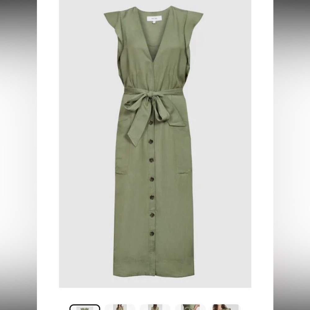 Reiss Emma Plunge Ruffle Shoulder Linen Blend Midi Dress  Green Sz 4 no belt